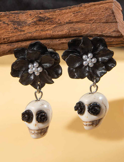 Gothic Black Camellia Skull Stud Earrings