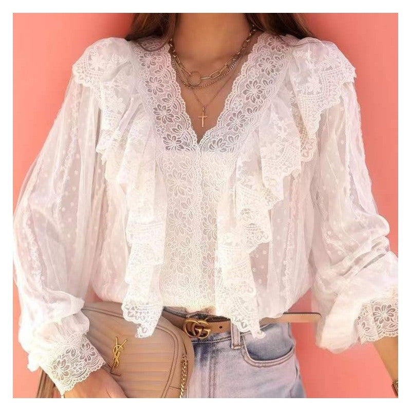 Ladies Lace V Neck Stitching Ruffle Blouse