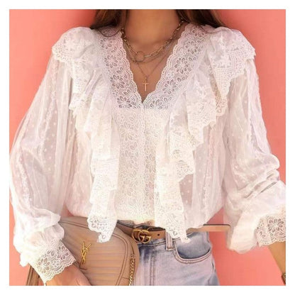 Ladies Lace V Neck Stitching Ruffle Blouse