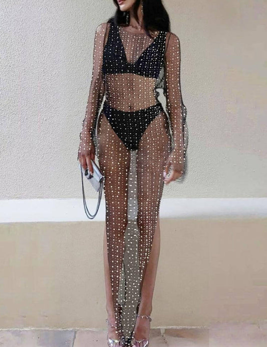 Rhinestone See Through Split Maxi Dress