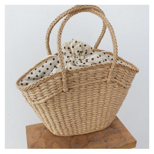 Polka Dot Drawstring Woven Handbag
