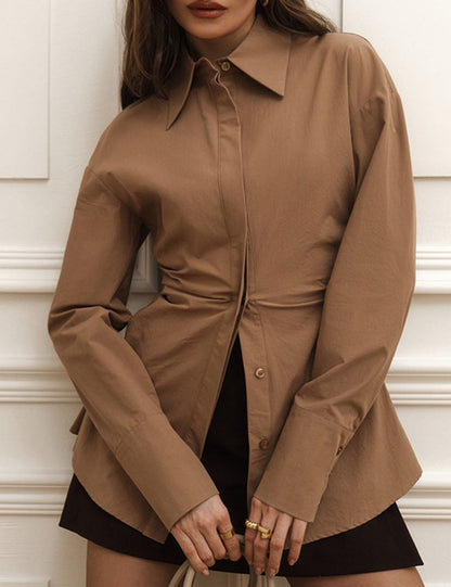 Elegant Solid Color Ruched Long Sleeve Top