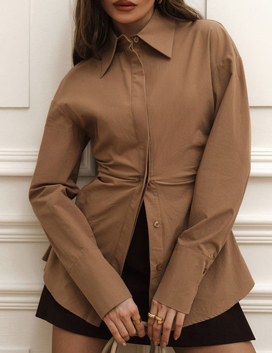Elegant Solid Color Ruched Long Sleeve Top