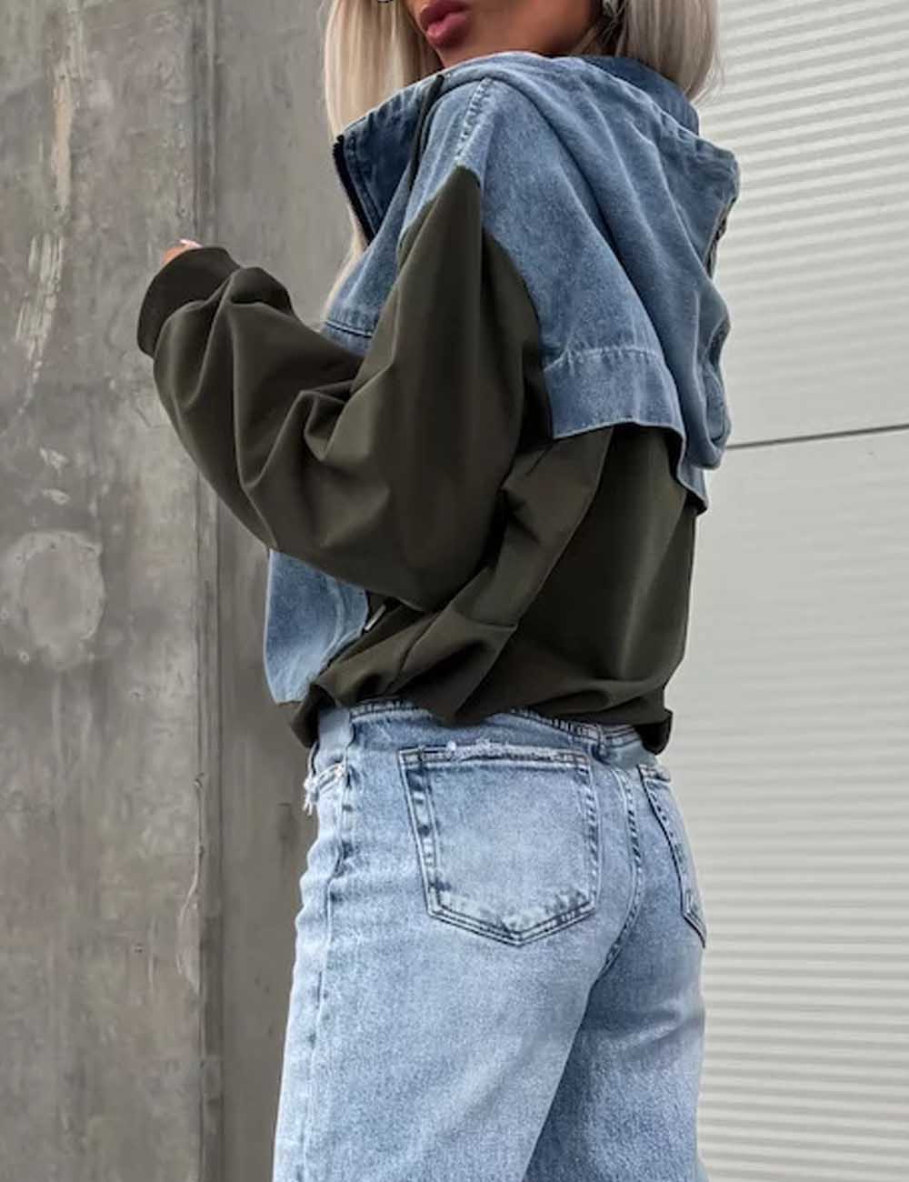 Trendy Splice Color Block Washed Denim Hoodie