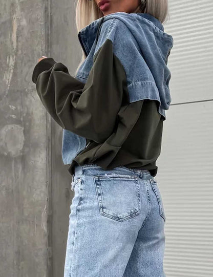 Trendy Splice Color Block Washed Denim Hoodie