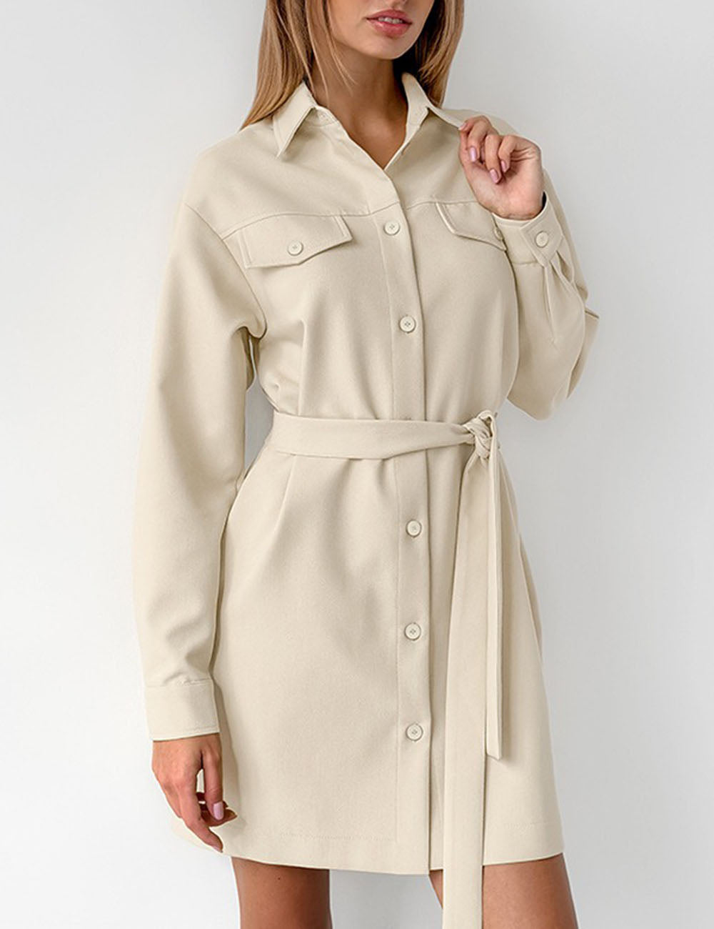 Belted Drop Shoulders Pockets Shirt Mini Dress