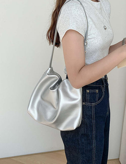 Trendy Solid Color Ruched Tote Shoulder Bag