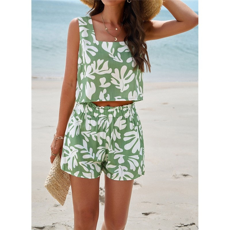 Printing Sleeveless Square Neck Tank Top And Elastic Waist Shorts Two Pieces Suits