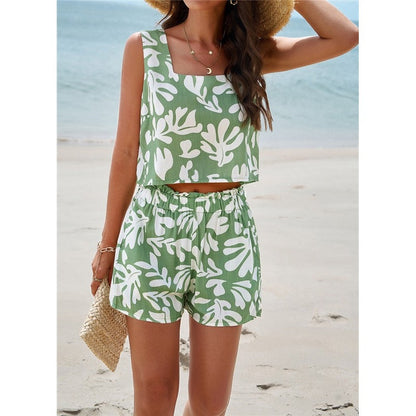 Printing Sleeveless Square Neck Tank Top And Elastic Waist Shorts Two Pieces Suits