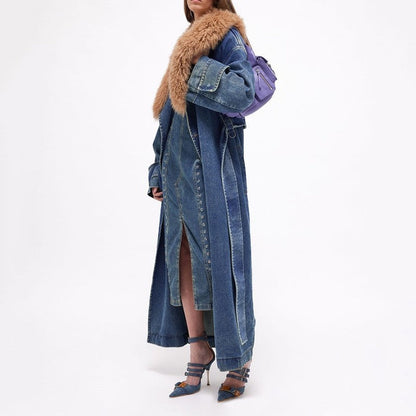 Detachable Fur Collar Long Denim Coat