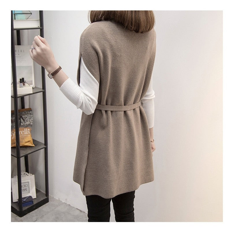 Half Turtleneck Solid Color Sleeveless Bandage Casual Loose Knitted Vest