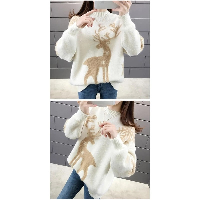 Deer Jacquette Round Neck Knit Sweater