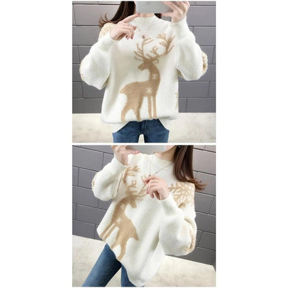 Deer Jacquette Round Neck Knit Sweater