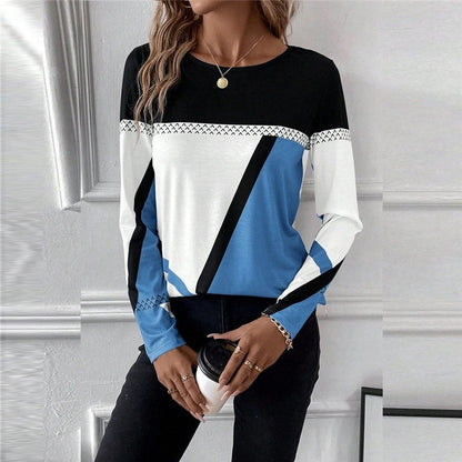 Round Neck Contrast Patchwork Geometric Print T-Shirt