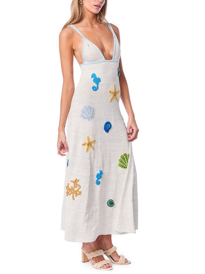 Print Low Collar Knit Spaghetti Dress