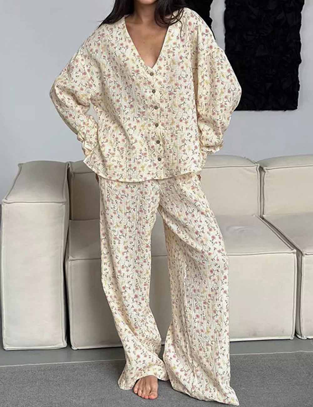 Floral Print V-Neck Button Up Pajamas Set