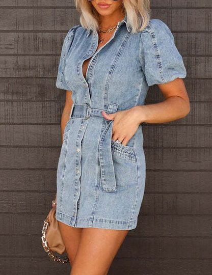 Lapel Buttons Puff Sleeves Denim Mini Dress