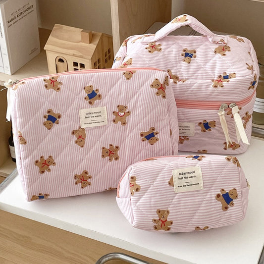 Cute Bear Print Striped Make Up Bag