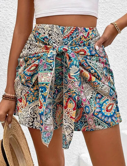 Bohemia Print Knot High Waist Shorts