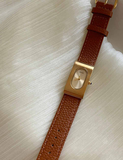 Rectangular Steel Dial Leather Strap Watch