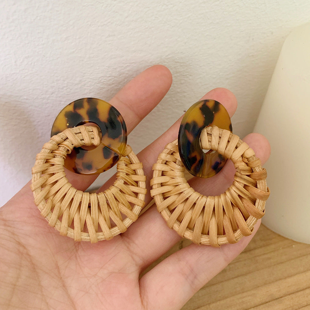 Leopard Round Rattan Acrylic Drop Earrings