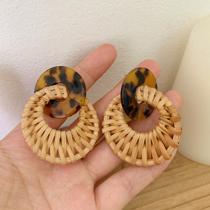 Leopard Round Rattan Acrylic Drop Earrings