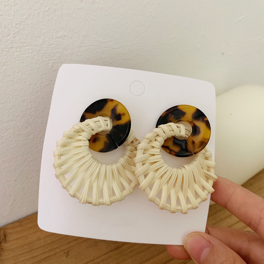 Leopard Round Rattan Acrylic Drop Earrings