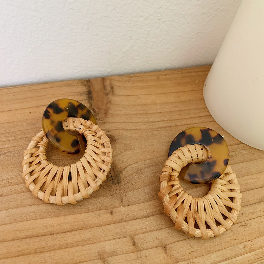 Leopard Round Rattan Acrylic Drop Earrings