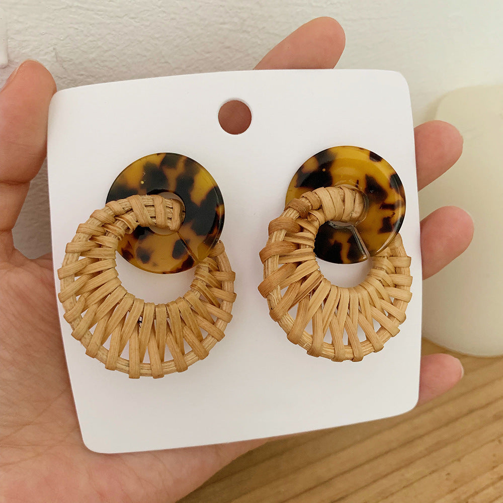 Leopard Round Rattan Acrylic Drop Earrings