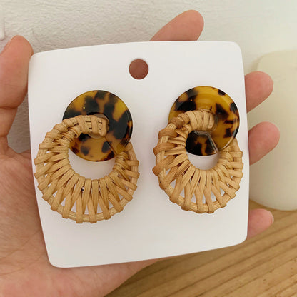Leopard Round Rattan Acrylic Drop Earrings