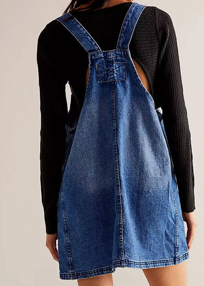 Washed Pockets Denim Mini Overalls Dress