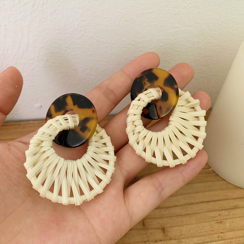Leopard Round Rattan Acrylic Drop Earrings