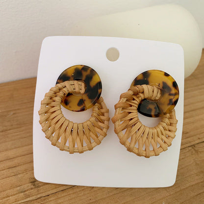 Leopard Round Rattan Acrylic Drop Earrings