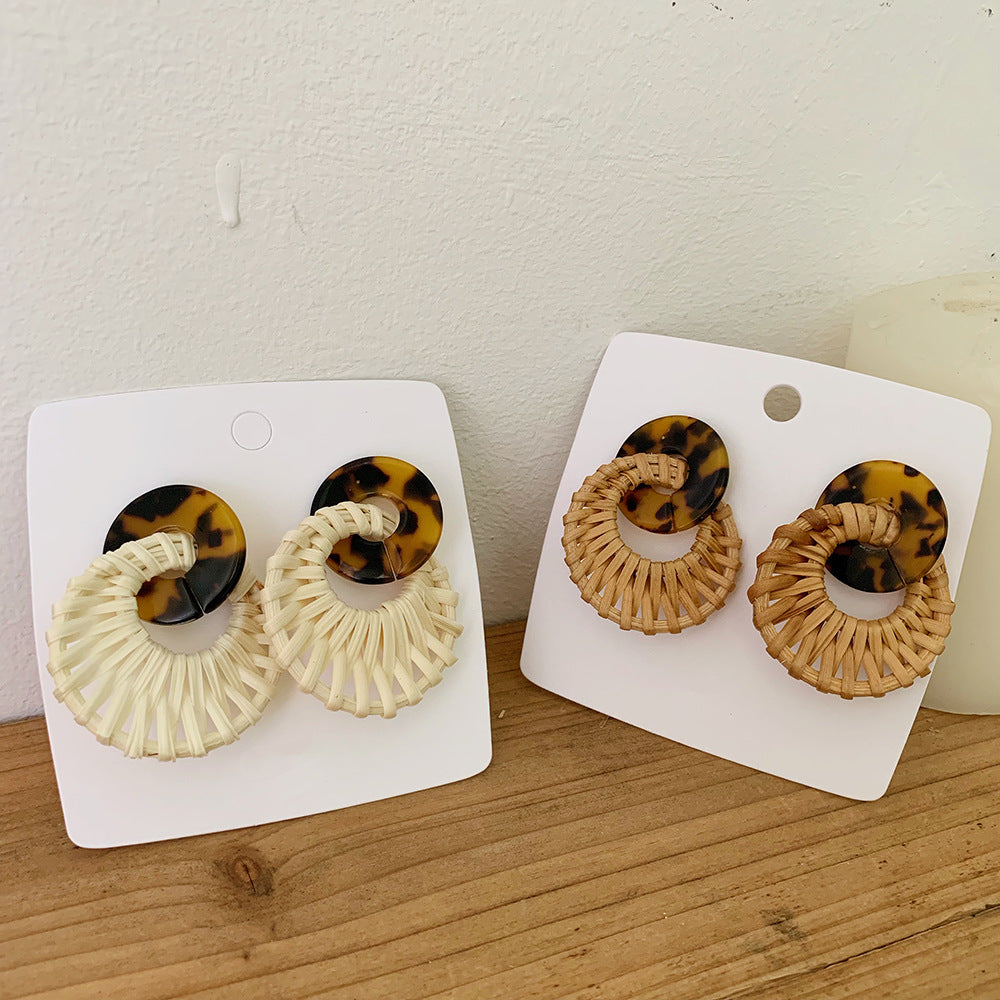Leopard Round Rattan Acrylic Drop Earrings