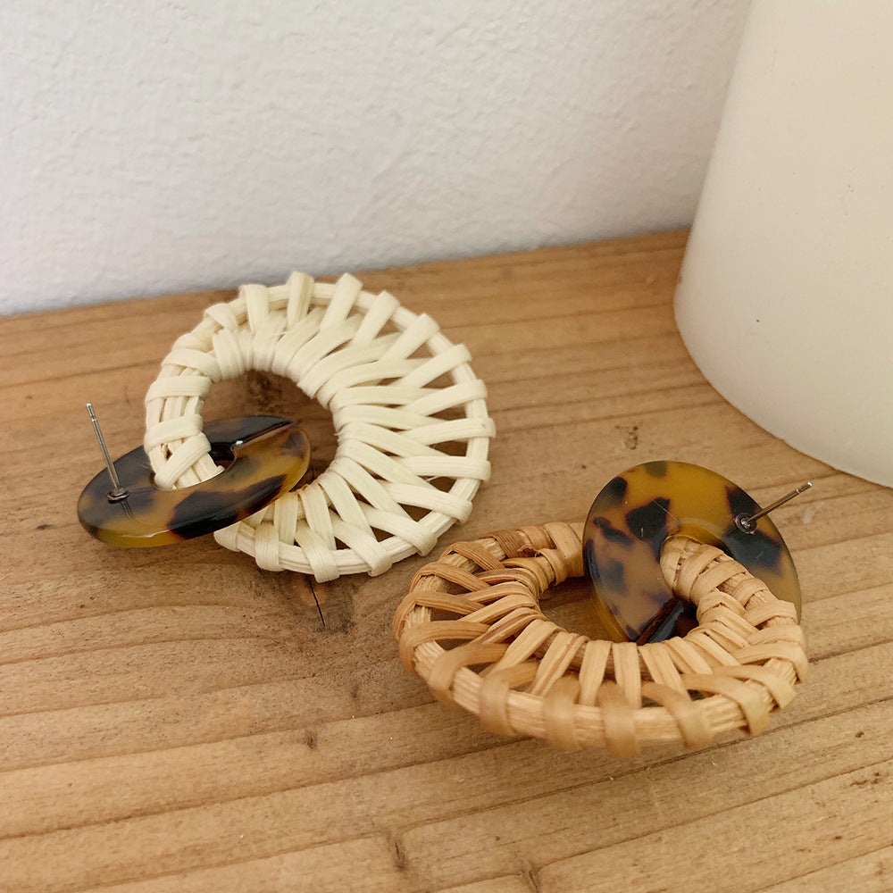 Leopard Round Rattan Acrylic Drop Earrings