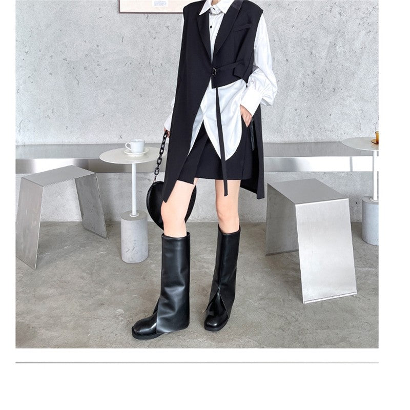 Solid Color Tailored Collar Irregular Tied Loose Vest