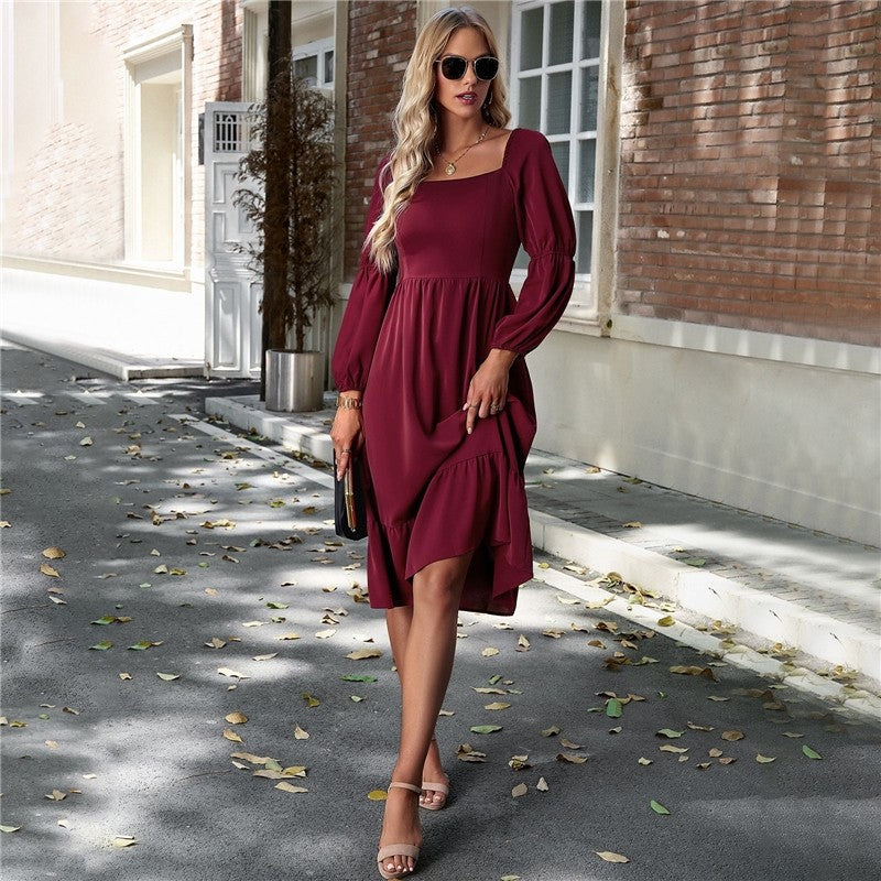 Solid Color Square Neck Ruffle Skirt Waisted Long-Sleeved Dress