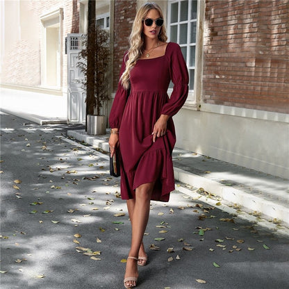 Solid Color Square Neck Ruffle Skirt Waisted Long-Sleeved Dress