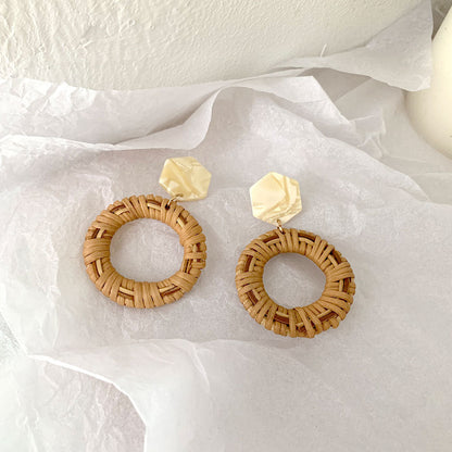 Vintage Hellow Round Rattan Handmade Earrings