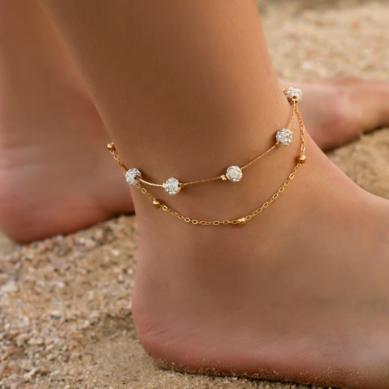 Simple Rhinestone Layered Chain Anklets