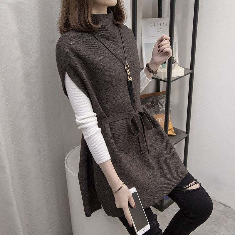 Half Turtleneck Solid Color Sleeveless Bandage Casual Loose Knitted Vest
