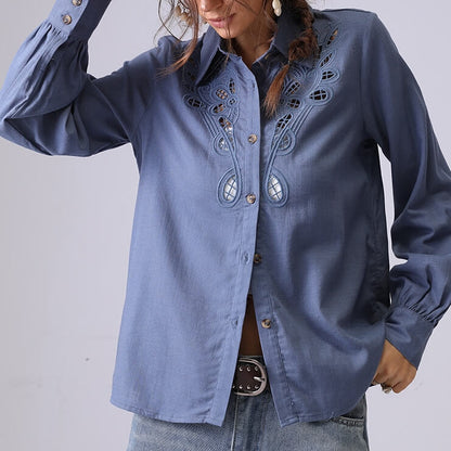 Hollow Embroidered Lapel Button Down Shirt