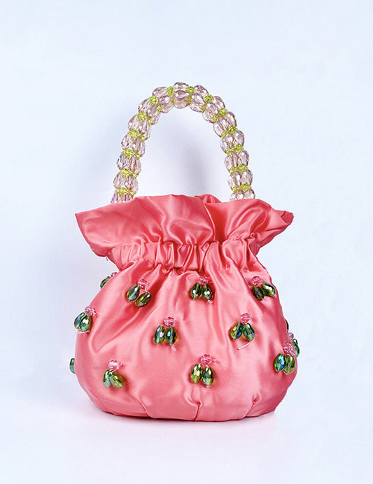 Handmade Beaded Satin Drawstring Party Handbag