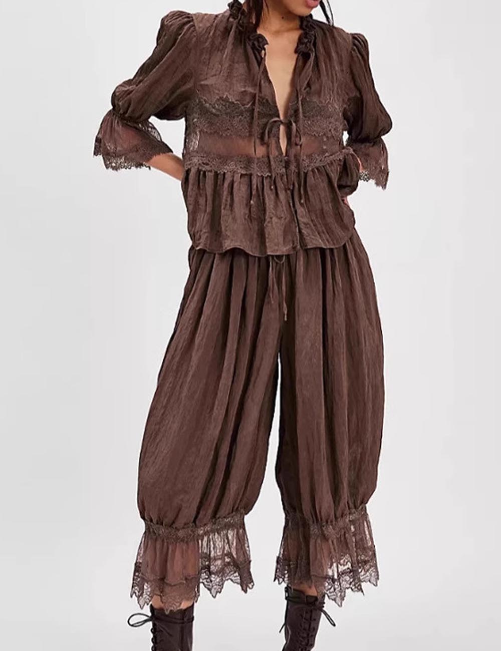 2 Pcs Hollow Lace Tie Front Sleepwear Set