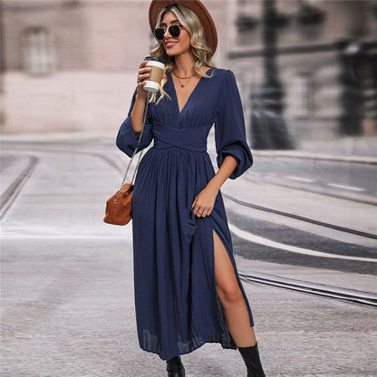 Women's V-Neck Waist Lantern Sleeve Dress
