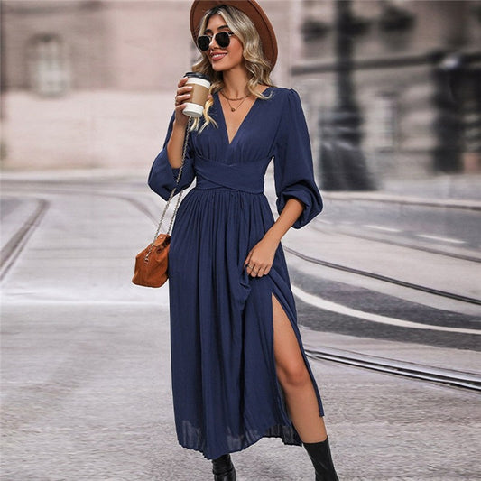 Women's V-Neck Waist Lantern Sleeve Dress