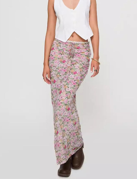 Elegant Floral Print Tie Front Maxi Skirt