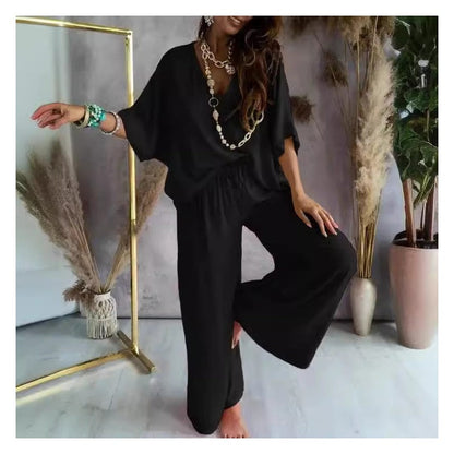 Solid Color V-Neck Bat Sleeve Top Long Pants Set