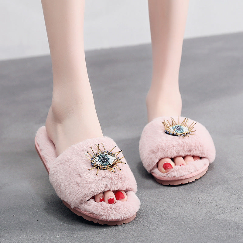Soft Beaded Tassel Evil Eye Fuzzy Slippers