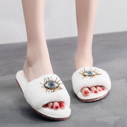 Soft Beaded Tassel Evil Eye Fuzzy Slippers